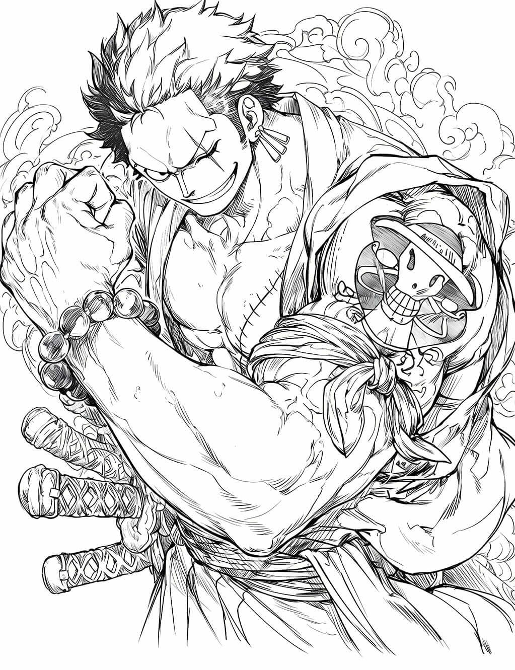 Dynamic Roronoa Zoro Coloring Page – One Piece's Fierce Swordsman