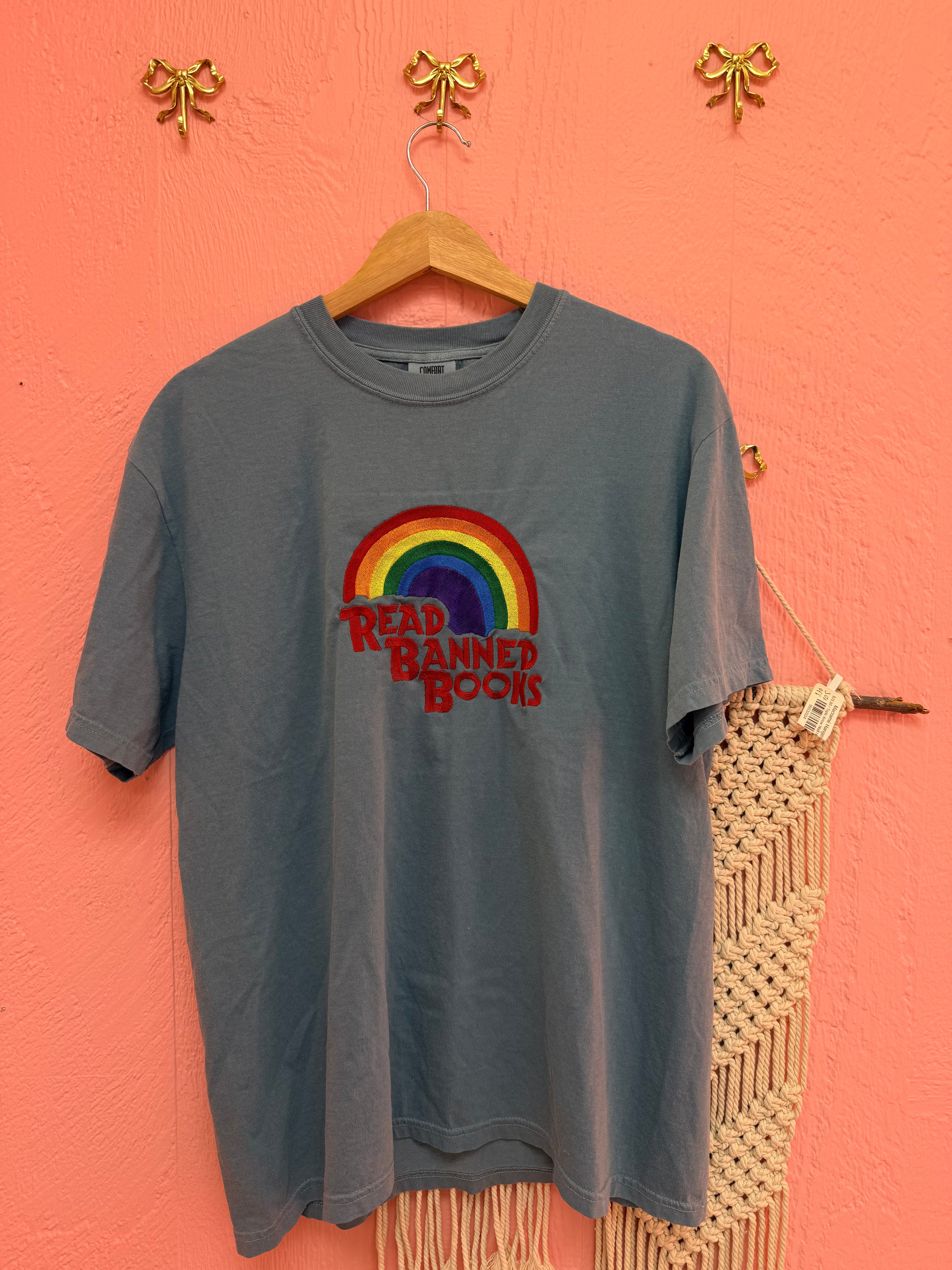 “Read Banned Books” Rainbow Embroidered Shirt