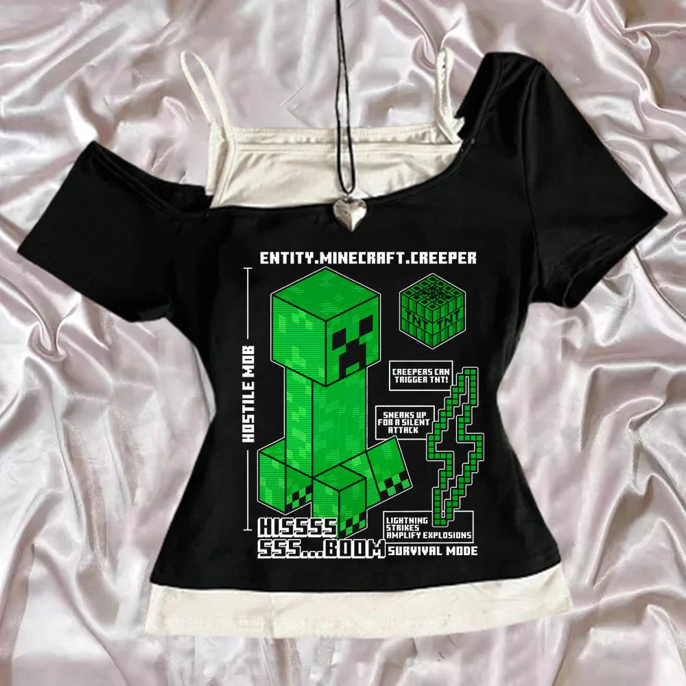 Punk Gothic Slim Baby Tee Y2k Off Shoulder Top