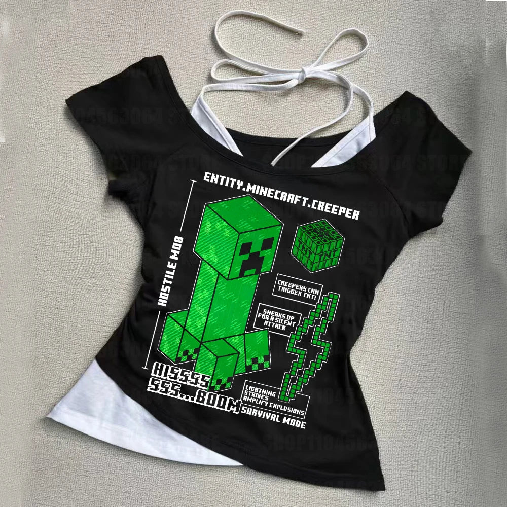 Punk Gothic Slim Baby Tee Y2k Off Shoulder Top