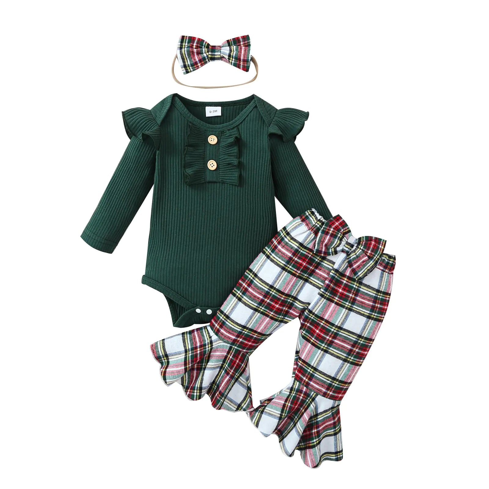 Kuriozud Newborn Baby Girl Outfit Ribbed Ruffle Long Sleeve Romper Plaid Flare Pants Set Toddler Fall Winter Clothes (Plaid Green 6-12 Months) - # BAAA51210002